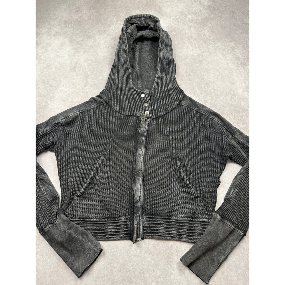 Free People FP One Black Women L Waffle Knit Zip Crop Hoodie Acid Wash Thermal